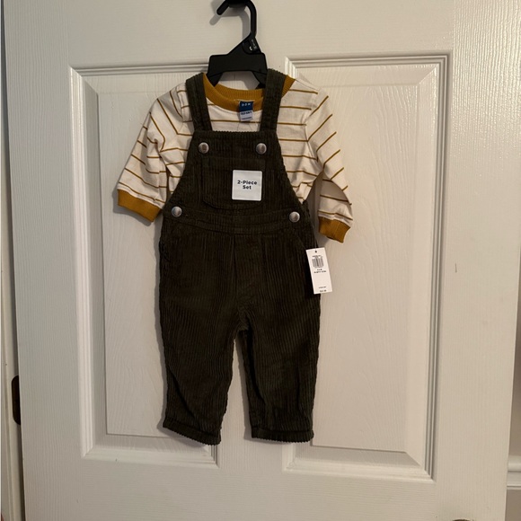 Old Navy Olive Overalls with Striped Shirt - Picture 1 of 2